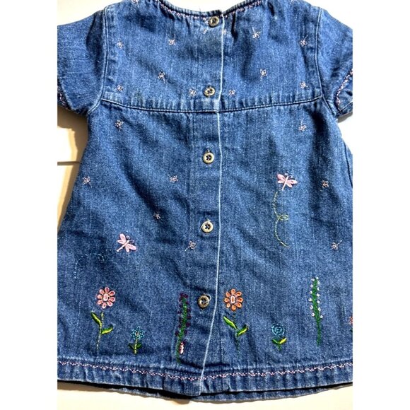 Adorable Blue Denim Baby Dress 12 Mo Dragonfly Flowers Back Buttons Cotton - Picture 6 of 7